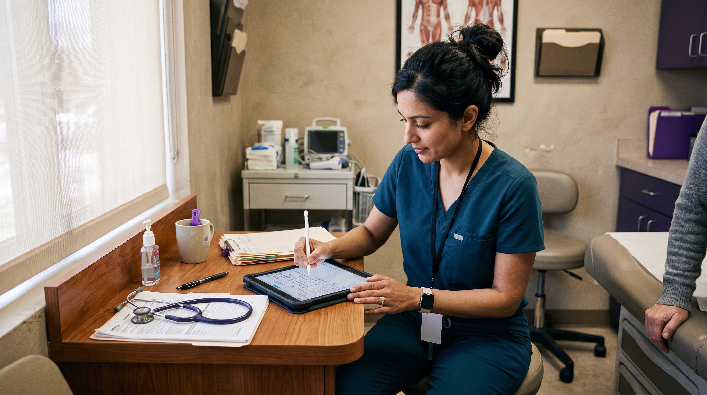 Rural Health Clinic provider documenting care at the counter
